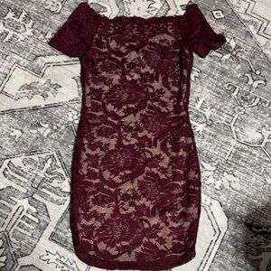 Guess Burgundy Lace Off-Shoulder Mini Dress